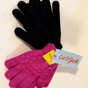 Cat & Jack Girls One Size Black Pink Knit Tech Touch Gloves 2 Pack NWT